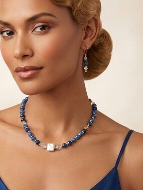Artisan Natural Blue Apatite Necklace AB Crystal & Freshwater Pearl Set